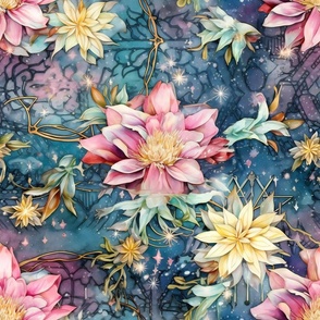 Ethereal Flowers, Vibrant Blue Yellow Pink Colorful Florals, Starry Wallpaper Fabric
