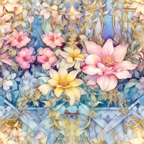 Ethereal Flowers, Pastel Pink Yellow Blue Colorful Florals, Starry Wallpaper Fabric