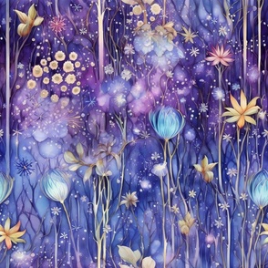 Ethereal Flowers, Purple Blue Colorful Florals, Starry Wallpaper Fabric