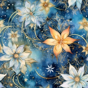 Ethereal Flowers, Midnight Blue Orange Colorful Florals, Starry Wallpaper Fabric