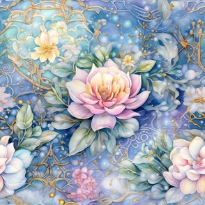 Ethereal Flowers, Lovely Pink Blue Colorful Florals, Starry Wallpaper Fabric