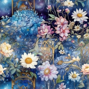 Ethereal Flowers, Pink Blue White Colorful Florals, Starry Wallpaper Fabric