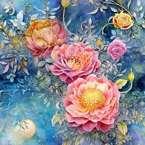 Ethereal Flowers, Striking Pink Yellow Blue Colorful Florals, Starry Wallpaper Fabric