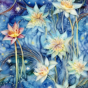 Ethereal Flowers, Intense Light Dark Blue Colorful Florals, Starry Wallpaper Fabric