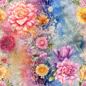 Ethereal Flowers, Happy Rainbow Colorful Florals, Starry Wallpaper Fabric
