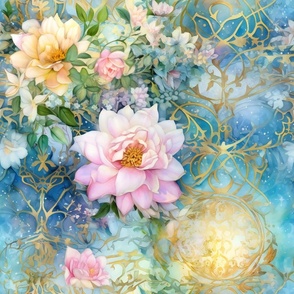 Ethereal Flowers, Gorgeous Blue Pink Yellow Colorful Florals, Starry Wallpaper Fabric