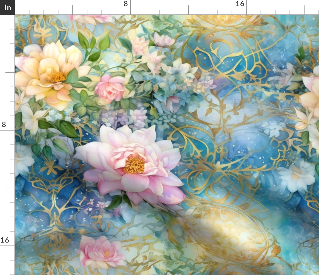 Ethereal Flowers, Gorgeous Blue Pink Yellow Colorful Florals, Starry Wallpaper Fabric