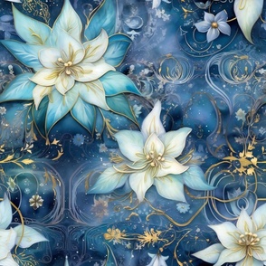 Ethereal Flowers, Stunning Light Dark Blue Colorful Florals, Starry Wallpaper Fabric