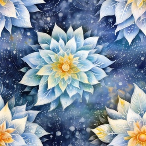 Ethereal Flowers, Pretty Shades of Blue Colorful Florals, Starry Wallpaper Fabric