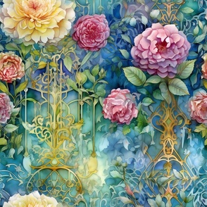 Ethereal Flowers, Yellow Blue Pink Multicolored Colorful Florals, Starry Wallpaper Fabric