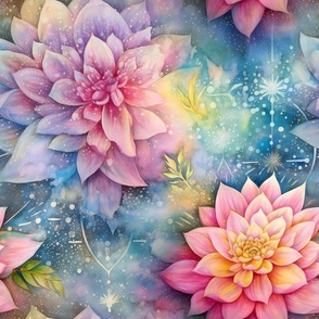 Ethereal Flowers, Intricate Pink Blue Colorful Florals, Starry Wallpaper Fabric