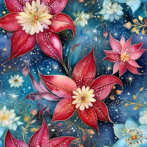 Ethereal Flowers, Bold Blue Red Colorful Florals, Starry Wallpaper Fabric