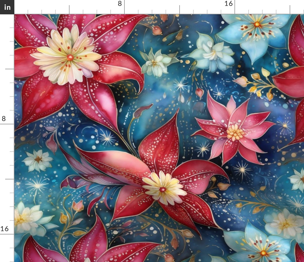 Ethereal Flowers, Bold Blue Red Colorful Florals, Starry Wallpaper Fabric