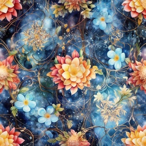 Ethereal Flowers, Orange Blue Colorful Florals, Starry Wallpaper Fabric