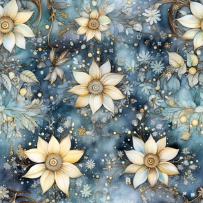 Ethereal Flowers, White Blue Colorful Florals, Starry Wallpaper Fabric