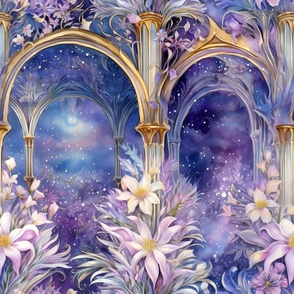 Ethereal Flowers, Stunning Purple Gold Blue Colorful Florals, Starry Wallpaper Fabric