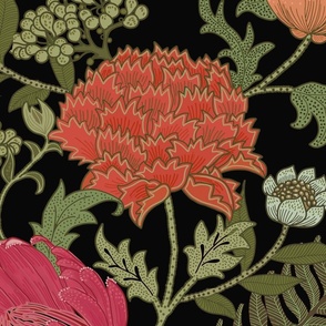 Large Brighter Romantic Garden Cray Saturated Bright William Morris black with gray flowers