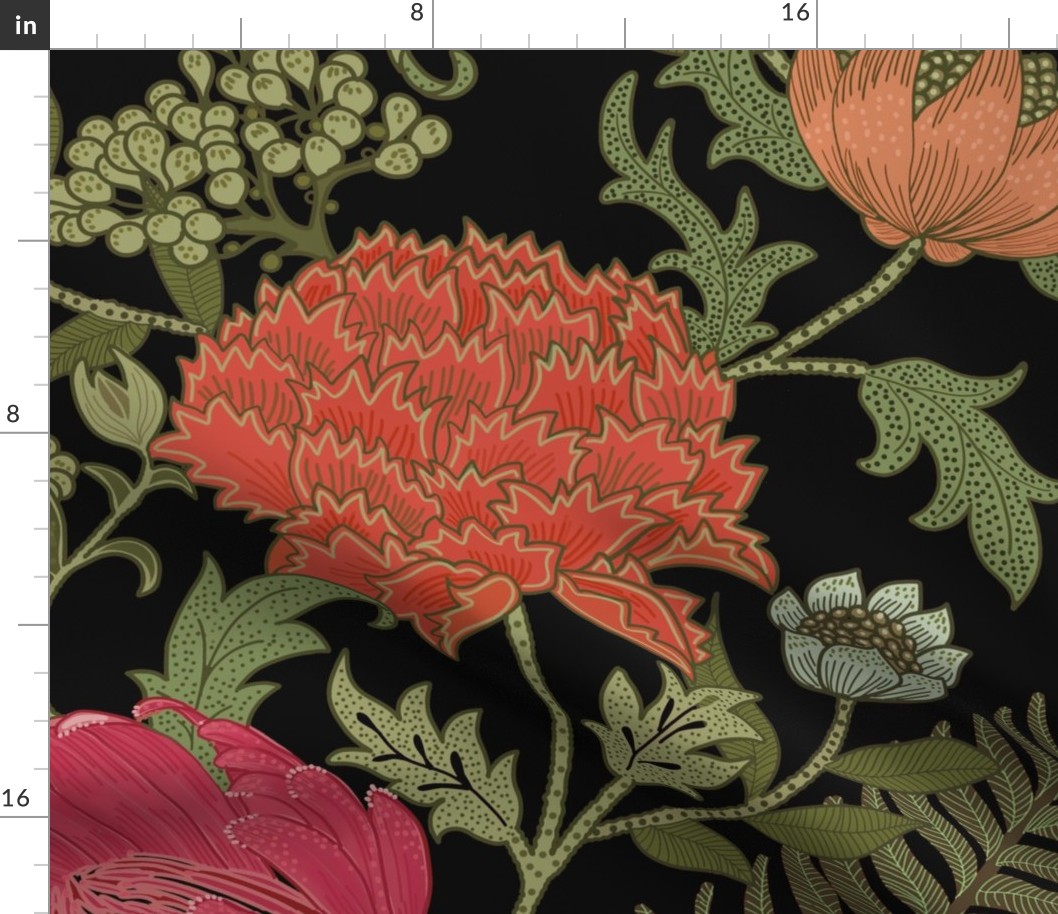 Large Brighter Romantic Garden Cray Saturated Bright William Morris black with gray flowers