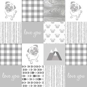 “Love you” Pug Pet Patchwork in Light Gray with trees, plaid, arrows & woodgrain, 4x3 4.5”SQ 