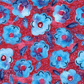 new blue floral with red centers 8in