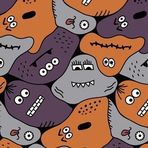 Monsters in Halloween colors of orange, purple, and gray