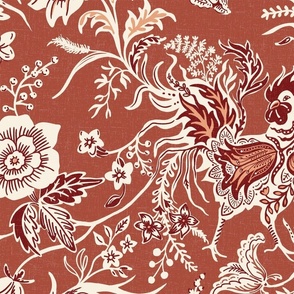 large french country rooster floral in ivory, cabernet red, and soft clay on a brick red background