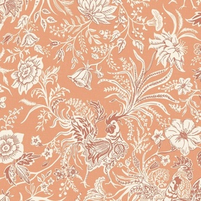 Medium french country rooster floral in ivoryand soft brick red on apricot peach