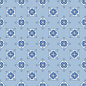 French country floral rosette geometric in Cobalt blue Navy Blue and White on Sky Blue-01