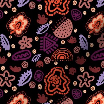 Batik style Fantasy Floral wallpaper illustration Mauve, Purple, Orange on Black.
