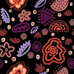 Batik style Fantasy Floral wallpaper illustration Mauve, Purple, Orange on Black.