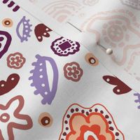 Batik style Fantasy Floral wallpaper illustration Mauve, Purple, Orange on White.