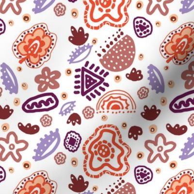 Batik style Fantasy Floral wallpaper illustration Mauve, Purple, Orange on White.