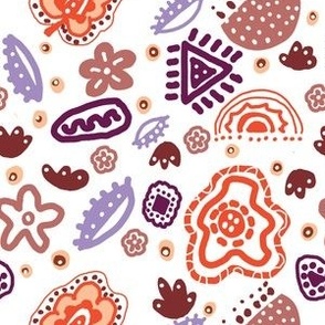 Batik style Fantasy Floral wallpaper illustration Mauve, Purple, Orange on White.