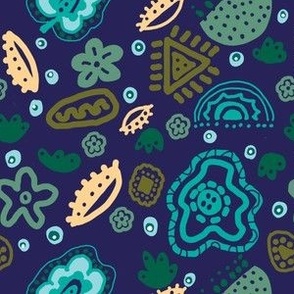 Batik style Fantasy Floral wallpaper illustration Blue, Green, Peach.