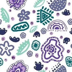 Batik style Fantasy Floral wallpaper illustration Purple, Green, Teal.