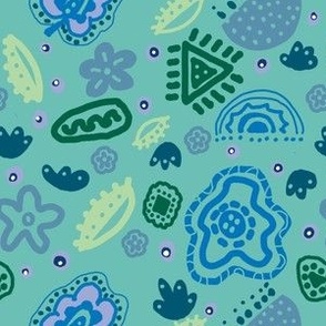 Batik style Fantasy Floral wallpaper illustration turquoise, green, blue, yellow