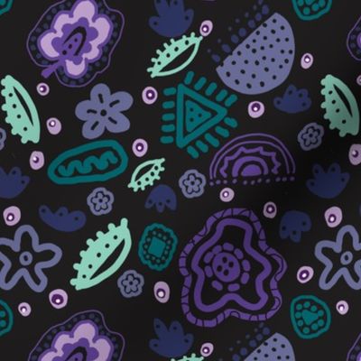 Batik style Fantasy Floral wallpaper illustration Black, purple teal