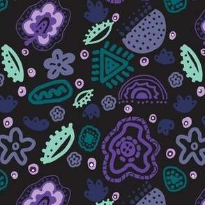 Batik style Fantasy Floral wallpaper illustration Black, purple teal
