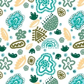 Batik style Fantasy Floral wallpaper illustration Teal, yellow and White.