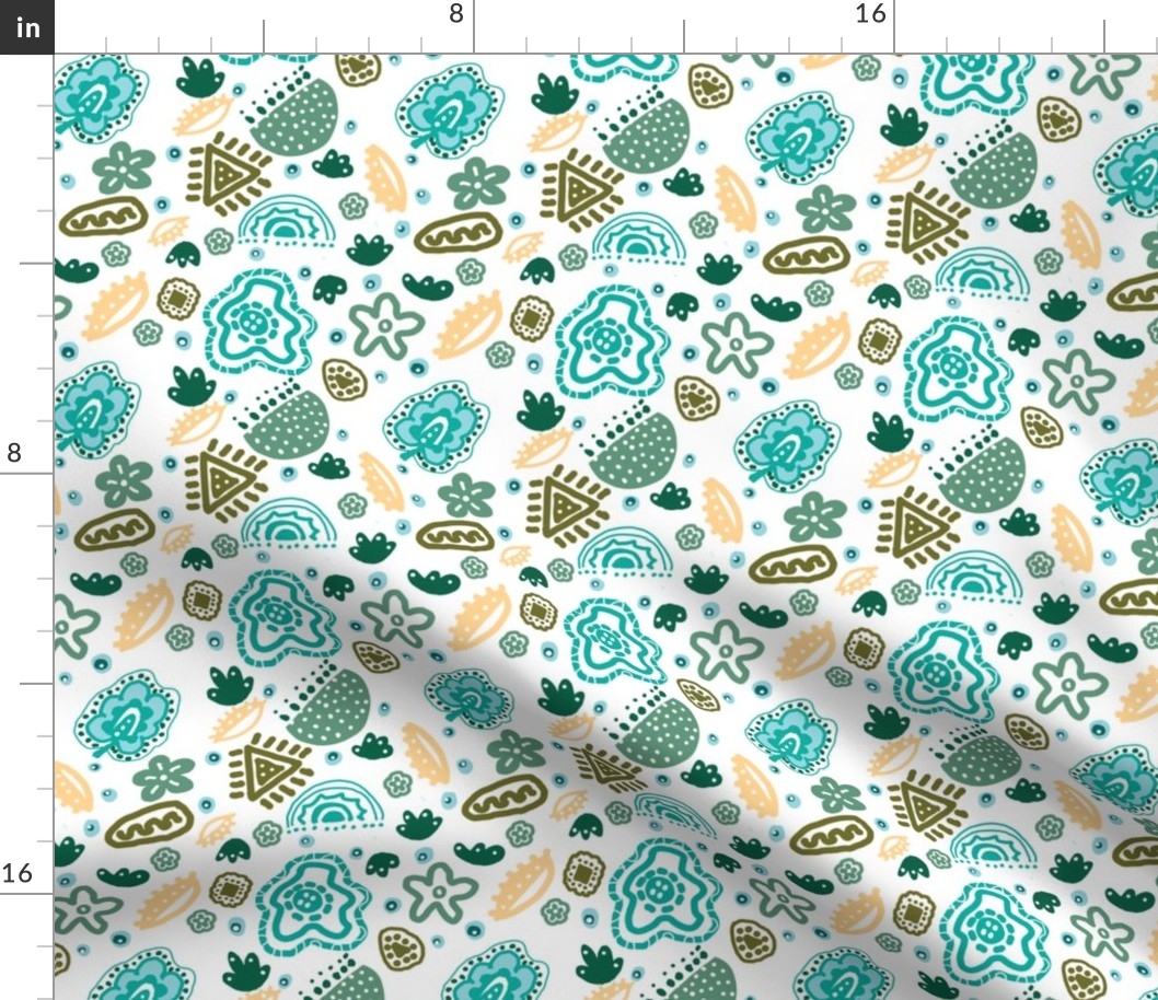 Batik style Fantasy Floral wallpaper illustration Teal, yellow and White.
