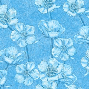 French Blue Buttercup Flowers Monochrome Large Scale