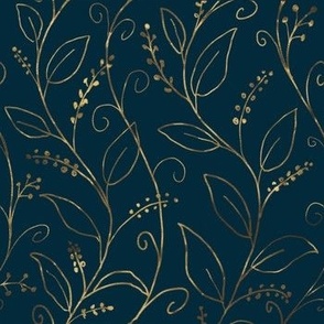 Botanical leaf Gold Line Art Design on Dark Blue