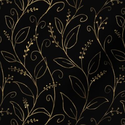 Botanical leaf Gold Line Art Design on Black
