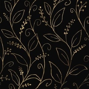 Botanical leaf Gold Line Art Design on Black