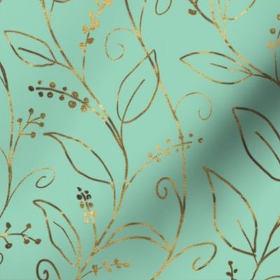Botanical leaf Gold Line Art Design on Mint Green