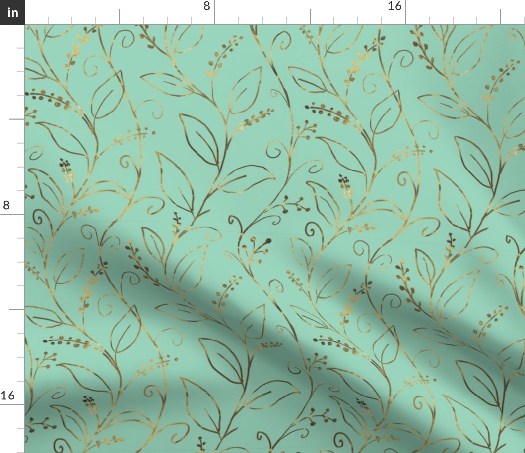 Botanical leaf Gold Line Art Design on Mint Green