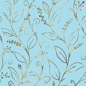 Botanical leaf Gold Line Art Design on ice blue