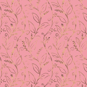 Botanical leaf Gold Line Art Design on baby Pink