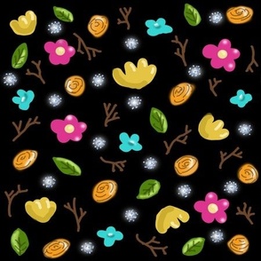 Hand drawn floral and twigs on Black background