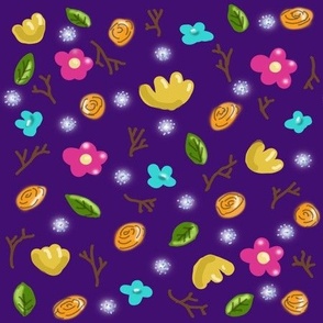 Hand drawn floral and twigs on dark purple background 